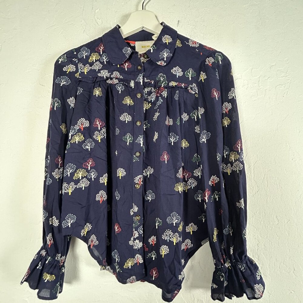 Anthropologie Maeve Womens Fredericka Ruffles Tree Print Blouse Size 0P Blue